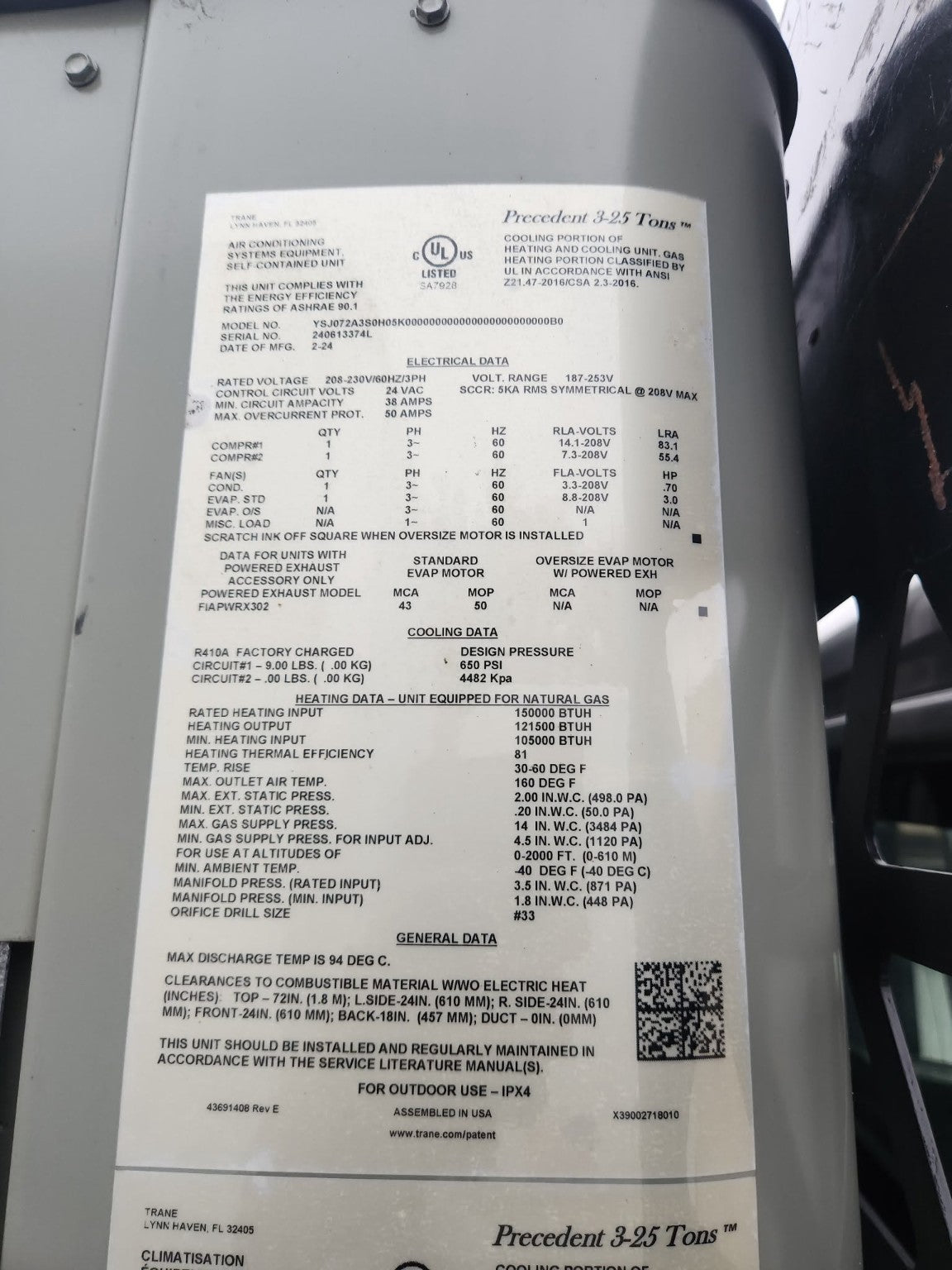 Trane YSJ072A3S0H0003 manufacturer nameplate showing 208-230V 3 phase electrical and natural gas heating specifications